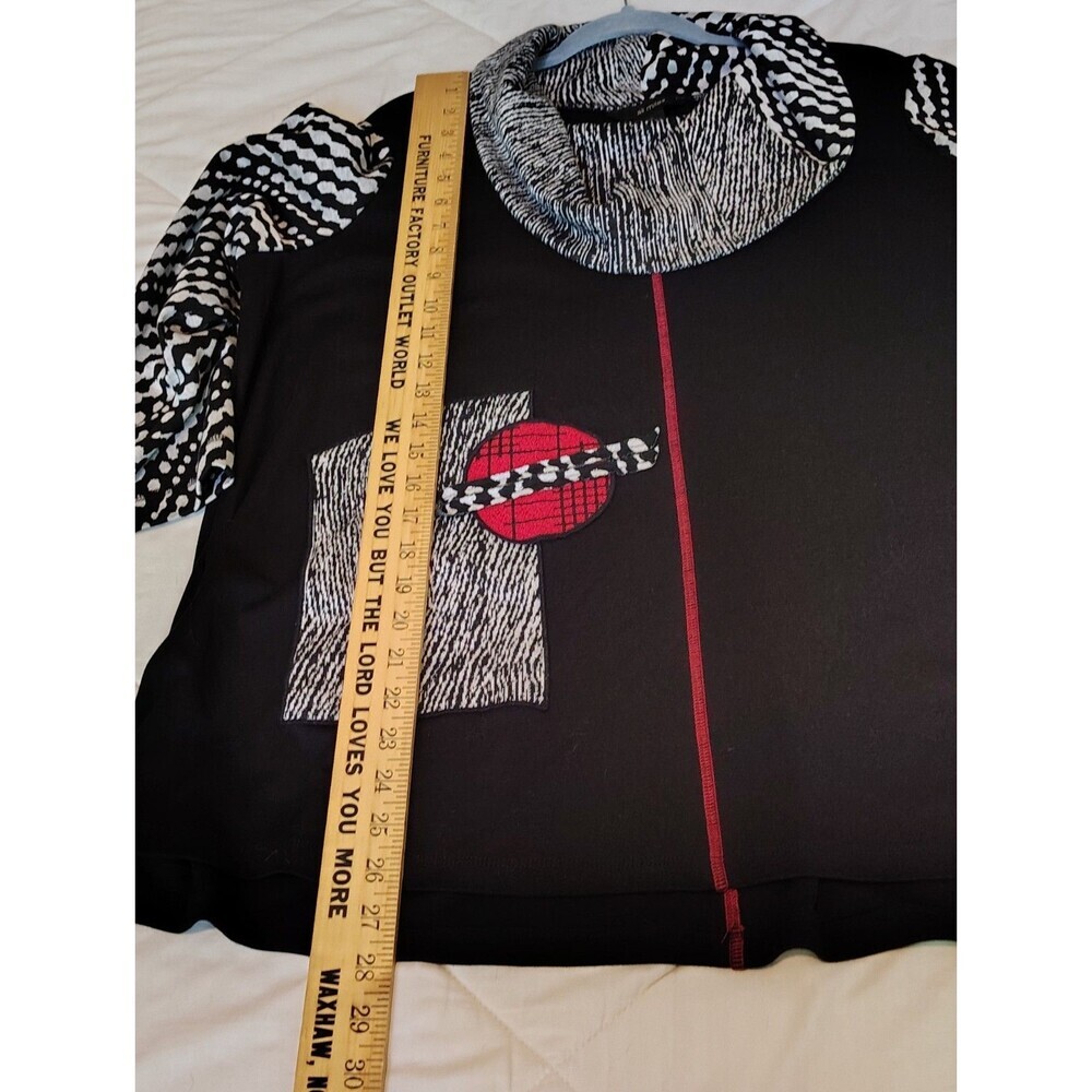 Ali Miles Black & White Graphic Print Tunic Top Cowl Neck Red Accent Plus 1X VG - Picture 5 of 13